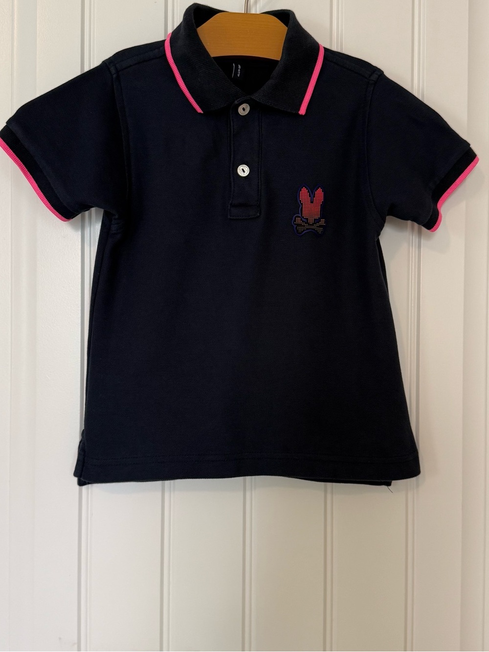 Psycho Bunny Boys Pique Polo Shirt Size 4 Navy Pink Trim Logo